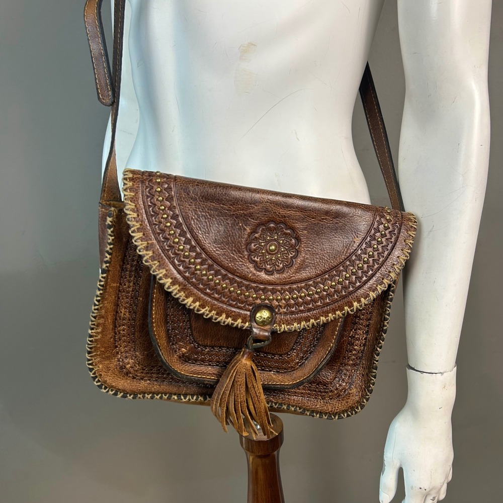 Patricia Nash Hand Tooled Leather Crossbody Bag Tassel Floral Dark Brown Medium
